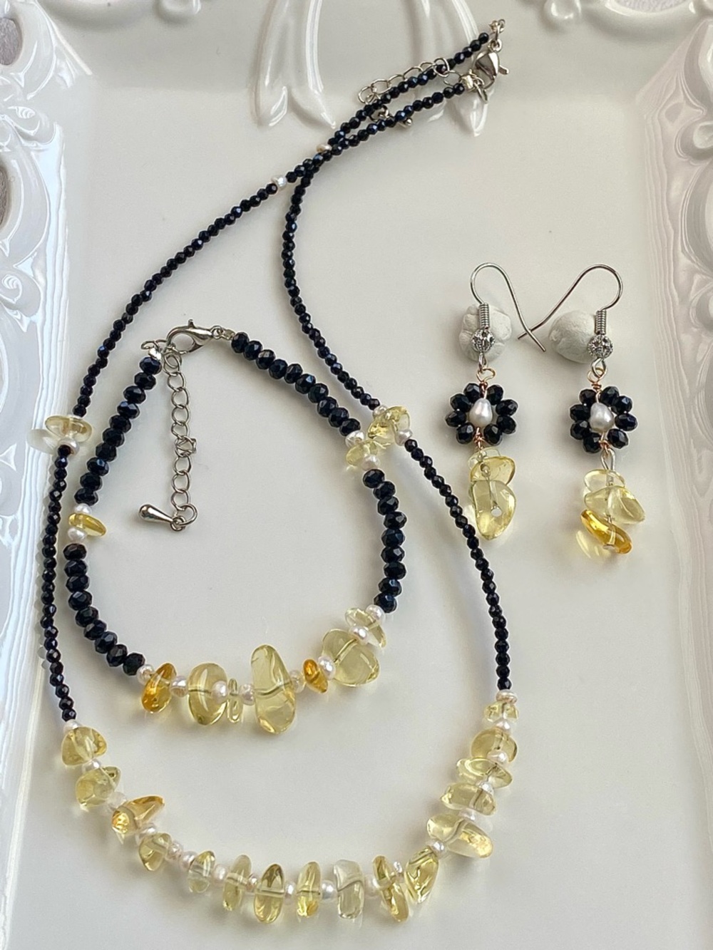 S64-Handmade Spinel, Citrine And Freshwater Pearl 3Pcs Set